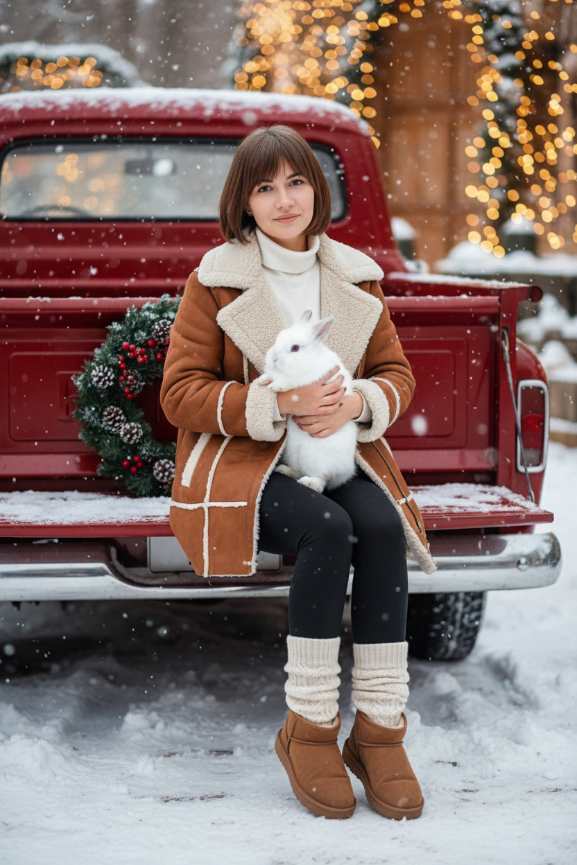 Портрет молодой женщины, сидящей на кузове винтажного красного грузовика. Девушка держит на руках животное. На ней коричневая дубленка с белой окантовкой из овчины по воротнику, манжетам и карманам, под дубленкой белый свитер с горловиной, черные лосины тканевые без блеска, на ногах укороченные, высотой до щиколоток коричнево-бежевые угги на платформе и кремовые гетры до середины икр, выглядывающие из уггов. 
Девушка смотрит в камеру, на ее лице легкая улыбка. 

На грузовике — праздничный рождественский венок. На земле лежит снег.

Мягкий снег падает. Атмосфера — реалистичная, теплая и немного кинематографичная. Сияющие рождественские огоньки и украшения создают яркую теплую атмосферу. Разрешение 8K, акцент на текстуру одежды, снег и сверкающие огоньки на заднем фоне. —ar 3:4 —v.

Не меняй черты лица.  Держит на руках белого кролика