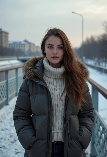 Женщина в тёплом свитере и длинном пуховике стоит на мосту через Обь, её руки в карманах, а дыхание заметно в морозном воздухе. Позади река и городской пейзаж в зимнем освещении. Крупный план, создающий ощущение сибирской зимы.