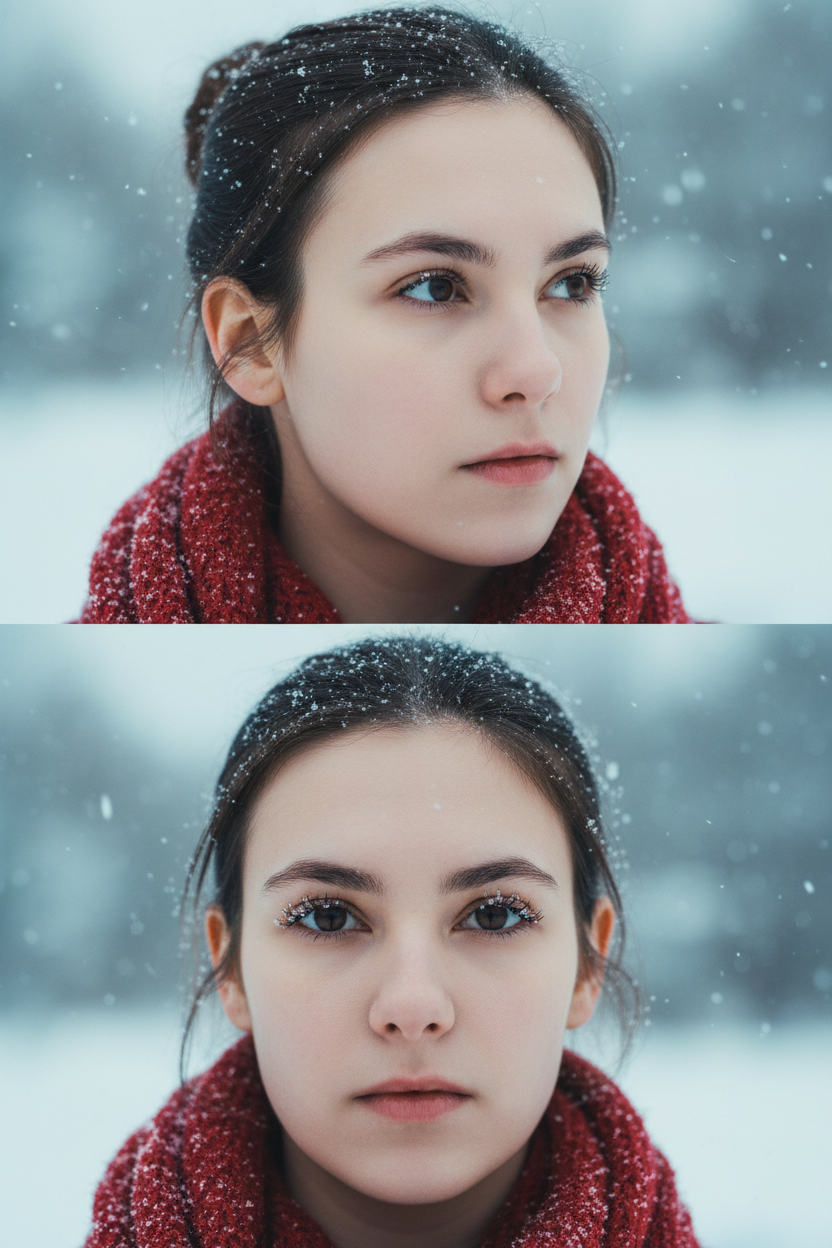 Создай коллаж из двух кадров человека, снятых крупным планом на улице зимой. Камера расположена близко, чтобы в кадре были видны лицо, шея и часть одежды. Главный акцент — на лице, глазах и снежинках, которые легли на волосы и ресницы.

Освещение мягкое, естественное, как в пасмурный зимний день. Вокруг падает лёгкий снег, отдельные снежинки чётко видны в воздухе и на коже. Фон — мягко размытый, с холодными оттенками (бело-голубой, серо-синий).

Первый кадр — человек смотрит в сторону, выражение мягкое, задумчивое, естественное. Крупный план лица, видно часть красного шарфа.
Второй кадр — прямой взгляд в камеру, нейтральное или лёгкое выражение лица, ресницы в снегу. Крупный план лица, видно часть красного шарфа.

Кожа чистая и естественная, без ретуши, текстура лица и губ сохранена. Фото выглядят как профессиональная зимняя портретная съёмка крупным планом, с эффектом свежести и спокойствия.

Оба кадра объединены в вертикальный коллаж в едином тоне и свете. Атмосфера — реалистичная, теплая и немного кинематографичная.