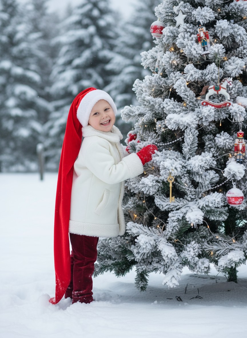 Создайте фотографию ребёнка с озорной улыбкой, выглядывающего из-за заснеженной ёлки ​​в зимнем пейзаже. Ребёнок стоит боком к камере, слегка наклонившись вперёд. Он обнимает или придерживает одну из заснеженных веток новогодней ёлки, выглядывая из-за неё. Голова немного наклонена, лицо повернуто в сторону камеры. Одна рука опирается на ветку, другая частично скрыта за ёлкой. Ноги стоят прямо, тело расслаблено. На елке игрушечные лошадки, оловянные солдатики, щелкунчик, золотой ключик из сказки 'Буратино', гирлянда и новогодние шары. На ребенке длинная, непропорционально большая красная шапка в стиле Санта-Клауса, доходящая до бёдер, и белое зимнее пальто или куртка с отделкой и подкладкой из белого меха или шерпы на воротнике, манжетах и ​​спереди. На нём тёмно-красные/бордовые бархатные или тёплые тканевые брюки и красные варежки. На земле лежит свежий, нетронутый снег, а размытые деревья (ели) на заднем плане создают мягкую глубину. Рассеянное освещение навевает мысли о пасмурном зимнем дне, а общий тон изображения создаёт волшебную и игривую атмосферу.Сохраните черты лица человека на представленной фотографии такими, какие они есть.