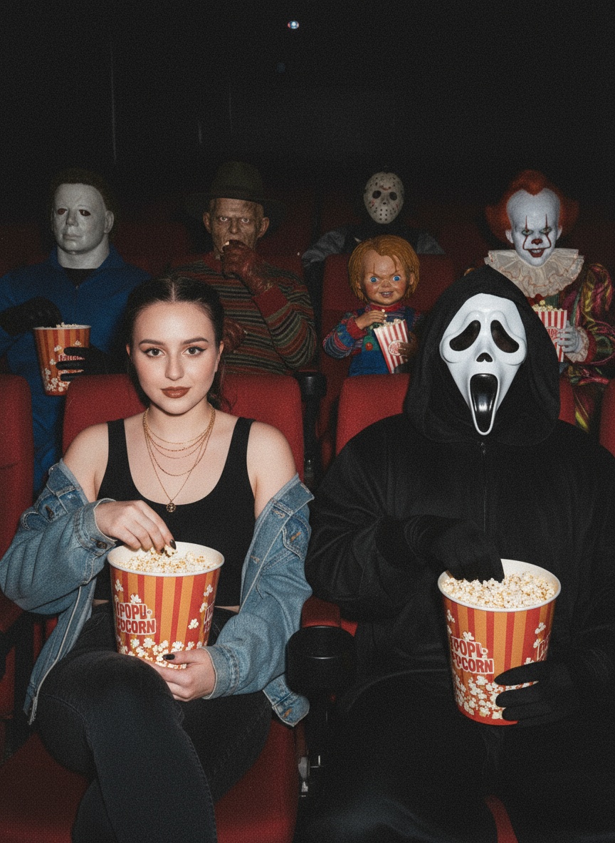 Создайте фотографию меня и Ghostface, сидящих рядом друг с другом и пьющих попкорн. Майкл Майерс, Фредди Крюгер и Чаки сидят в одном ряду позади нас, а Джейсон и Пеннивайз сидят в двух рядах позади нас в кинотеатре и едят попкорн. На ней изящные золотые украшения, включая изящные золотые ожерелья. На мне чёрная майка, свободная джинсовая куртка, свисающая с плеча, и чёрные джинсы. Её макияж простой, но гламурный: коричневый блеск для губ и коричневый карандаш для губ. Фотография должна быть в стиле 90-х с зернистым эффектом. Моё лицо должно быть точно таким же.