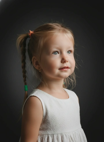  Студийный  портрет на тёмном фоне. Портрет по грудь.Черты лица и прическу не менять. Эмоции и ракурс оставить прежними. Модель одеть в белое платье. Освещение выполненить в мягком, сбалансированном ключе.

1. **Основной источник света** расположен фронтально или чуть сбоку (вероятно, под углом около 45°), что позволяет равномерно осветить лицо модели без резких контрастов. Свет не слишком жёсткий — это говорит о применении софтбокса или рассеивателя.
2. **Тени** на лице модели минимальны и очень мягкие:
   * лёгкая тень заметна на левой стороне лица (с точки зрения зрителя), что создаёт объём, но не перегружает портрет;
   * под носом и под подбородком нет выраженных тёмных участков — это говорит о хорошем заполнении теней.
3. **Заполняющий свет** явно присутствует: он смягчает тени с противоположной стороны от основного источника, делая светотеневой рисунок гармоничным.
4. **Фон** равномерно затемнён, что помогает выделить объект съёмки и не отвлекает внимание от модели. Градиент фона (от более тёмного к чуть более светлому) создаёт ощущение глубины.
5. **Освещение волос** практически не выражено — акцент сделан на лице, а не на контуре головы. Это классический приём для студийных портретов, чтобы не «перегружать» композицию.
6. **Общий стиль** освещения ближе к схеме «петлевого света» (Loop Lighting) или классической фронтальной схеме с заполнением, но без драматизма «Рембрандта» или «раздельного света».

**Итог:** освещение нейтральное, мягкое, подчёркивает черты лица, создаёт ощущение естественности и спокойствия. 