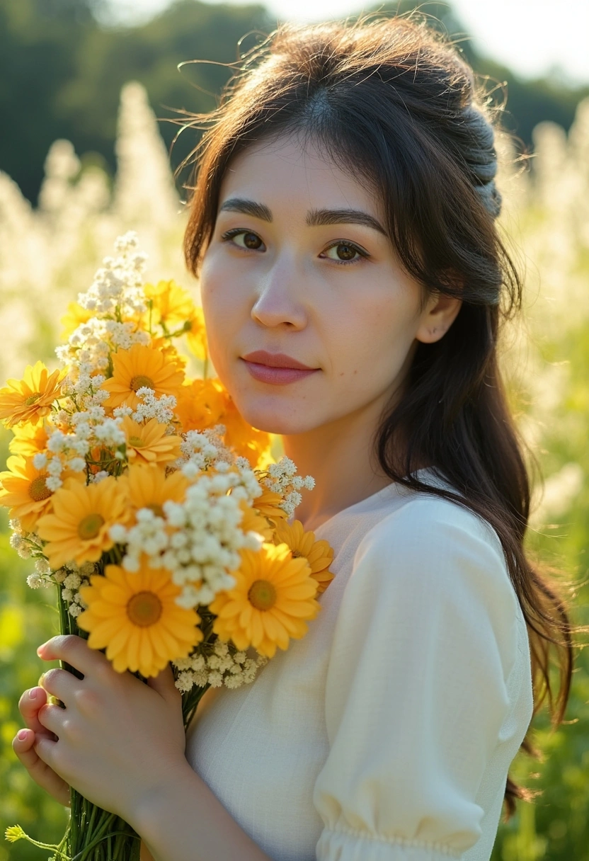 Жеңіл зығыр көйлек киген әйел үлкен дала гүлдерінен құралған шоқты ұстап тұр, саусақтары жапырақтарға жеңіл тиіп тұр. Артында күн сәулесіне малынып тұрған жасыл алаң. Жақын жоспар, көріністің тазалығы мен табиғилығын ерекшелейді.