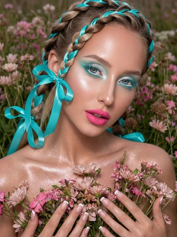   Крупный план лица девушки в стиле "высокой моды". Волосы очень длинные блестящие заплетены в насыщенно бирюзовые ленты к верху и ленты в банты они свисают на лицо Элегантный макияж глаза с длинными острыми насыщенно бирюзовыми стрелками снизу тени нежно бирюзовые а ближе к носу белые блестящие тени переходящие в хайлацтер на край глаза, длинные густые ресницы эффект лучики, нижние ресницы накрашены ярко бирюзовыми и каял карандаш на нижнем веке белый Хайлайтер во внутренних уголках и скулах. Пухлые губы слегка приоткрыты в легкой ухмылке, матовые ярко розовые . Голова наклонена в сторону, локон волос падает на лицо 
В руках у неё розовые и нежно розовые полевые цветы она ими закрывает тело  Тело и декольте подсвечены хайлайтером  и шимером Высокая детализация текстур кожи, одежды и волос. Черты лица-полностью сохранены как на референсном фото.
Формат 9:16
Ногти френч квадрат длинные 
На фоне цветы такие же как в руках они к ним прижимается