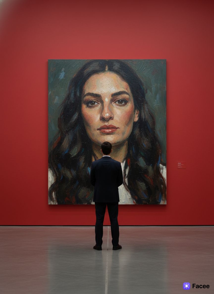 Создай сцену в галерее современного искусства, используй прилагаемое изображение лица и внешности человека, не меняя черты лица. На стене висит большой портрет человека маслом. Её лицо и верхняя часть тела написано в реалистичной, экспрессивной манере масленной живописи с текстурированными мазками и приглушенными цветами. Чистая красная стена галереи создаёт профессиональную атмосферу выставки благодаря мягкому освещению, освещающей произведения искусства. Перед картиной с видом сзади, стоит мужчина рассматривая картину, что придаёт сцену кинематографическое и таинственное настроение.