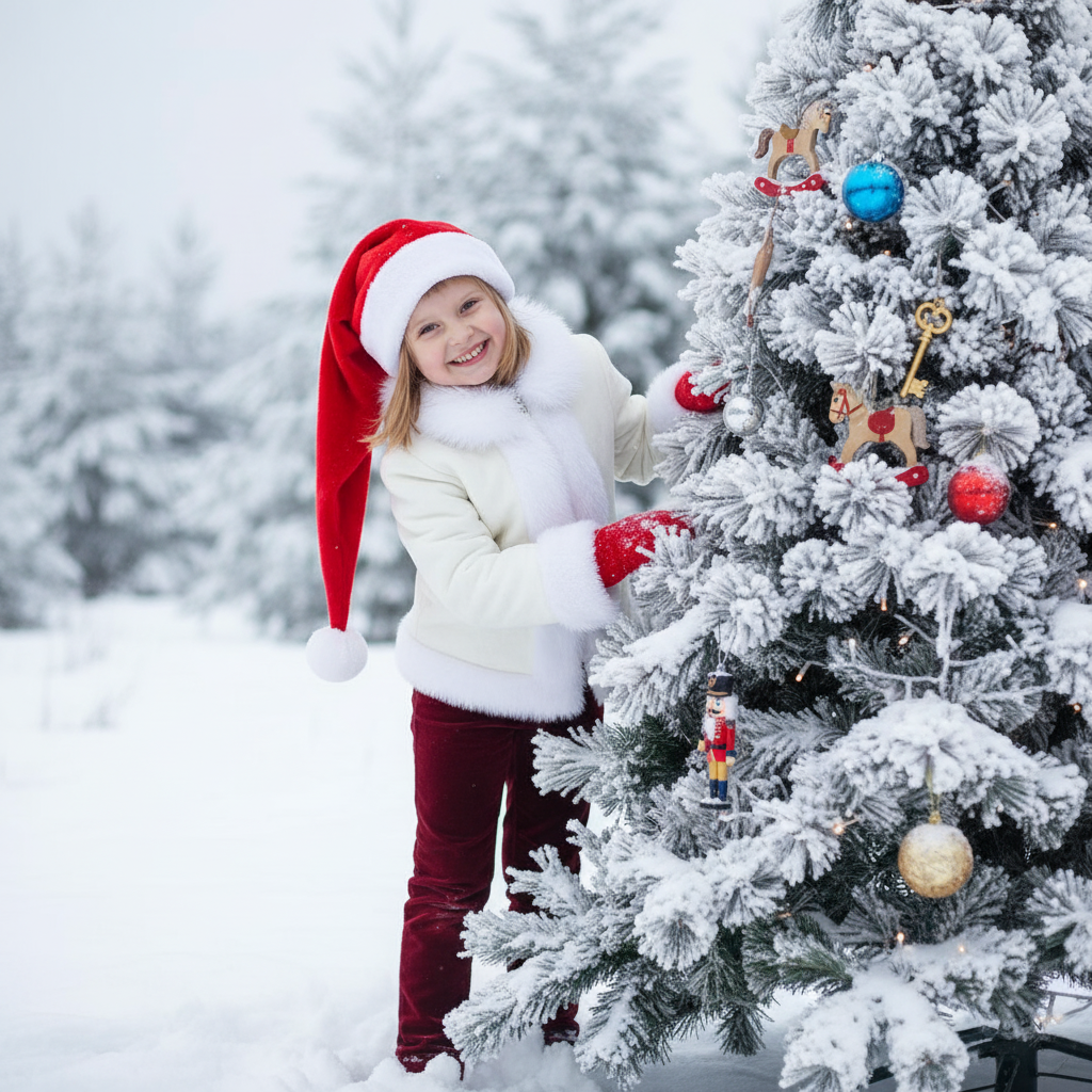 Создайте фотографию ребёнка с озорной улыбкой, выглядывающего из-за заснеженной ёлки ​​в зимнем пейзаже. Ребёнок стоит слегка наклонившись вперёд. Он обнимает или придерживает одну из заснеженных веток новогодней ёлки, выглядывая из-за неё. Голова немного наклонена, лицо повернуто в сторону камеры. Одна рука опирается на ветку, другая частично скрыта за ёлкой. Ноги стоят прямо, большая часть ног скрыта за нижними ветками елки, тело расслаблено. На елки игрушечные лошадки, оловянные солдатики, щелкунчик, золотой ключик из сказки 'Буратино', гирлянда и новогодние шары. На ребенке длинная, непропорционально большая красная шапка в стиле Санта-Клауса, доходящая до бёдер, и белое зимнее пальто или куртка с отделкой и подкладкой из белого меха или шерпы на воротнике, манжетах и ​​спереди. На нём тёмно-красные/бордовые бархатные или тёплые тканевые брюки и красные варежки.  На земле лежит свежий, нетронутый снег, а размытые деревья (ели) на заднем плане создают мягкую глубину.  Рассеянное освещение навевает мысли о пасмурном зимнем дне, а общий тон изображения создаёт волшебную и игривую атмосферу. Сохраните черты лица человека на представленной фотографии такими, какие они есть.
