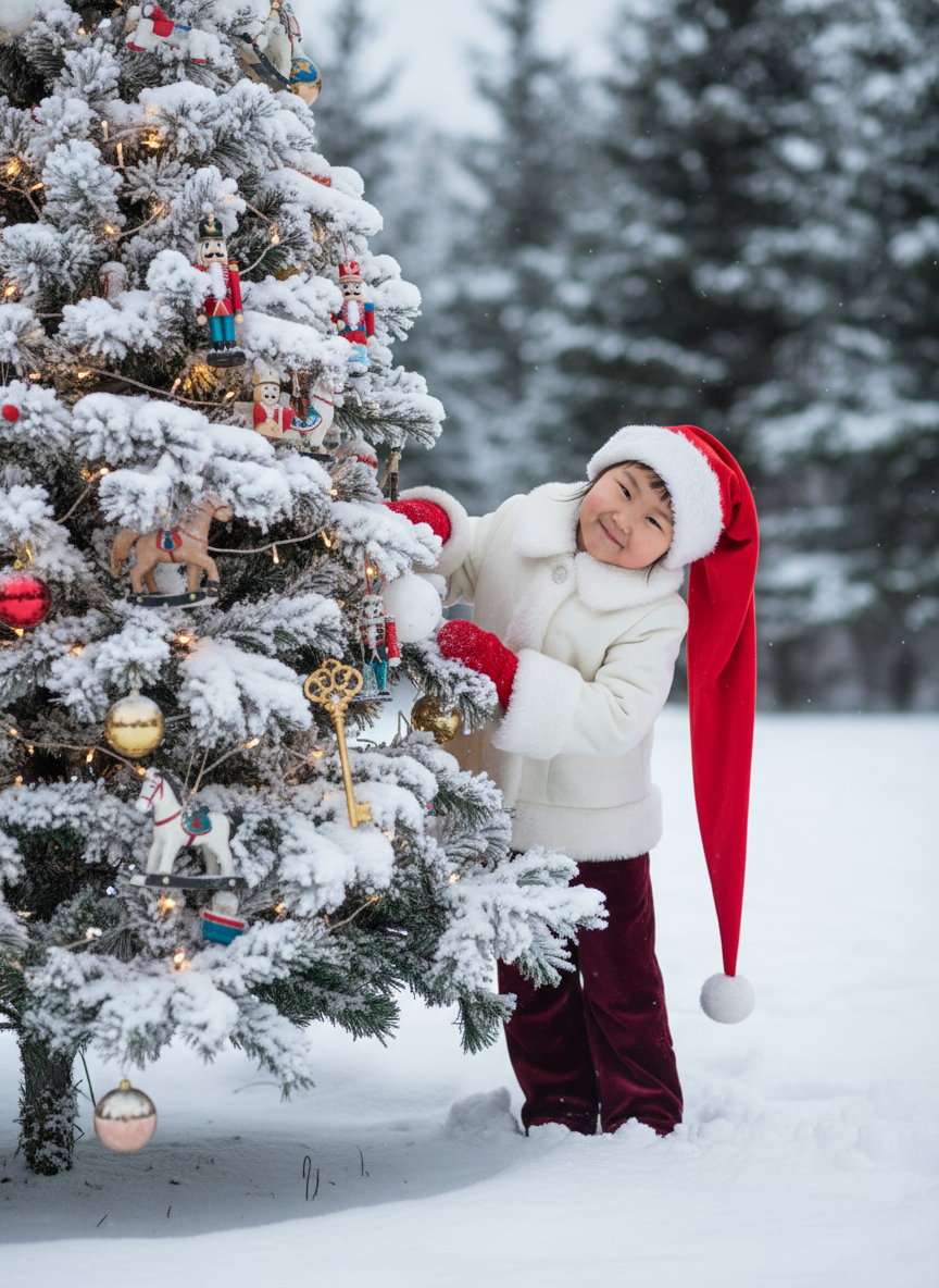 Создайте фотографию ребёнка с озорной улыбкой, выглядывающего из-за заснеженной ёлки ​​в зимнем пейзаже. Ребёнок стоит слегка наклонившись вперёд. Он обнимает или придерживает одну из заснеженных веток новогодней ёлки, выглядывая из-за неё. Голова немного наклонена, лицо повернуто в сторону камеры. Одна рука опирается на ветку, другая частично скрыта за ёлкой. Ноги стоят прямо, большая часть ног скрыта за нижними ветками елки, тело расслаблено. На елки игрушечные лошадки, оловянные солдатики, щелкунчик, золотой ключик из сказки 'Буратино', гирлянда и новогодние шары. На ребенке длинная, непропорционально большая красная шапка в стиле Санта-Клауса, доходящая до бёдер, и белое зимнее пальто или куртка с отделкой и подкладкой из белого меха или шерпы на воротнике, манжетах и ​​спереди. На нём тёмно-красные/бордовые бархатные или тёплые тканевые брюки и красные варежки.  На земле лежит свежий, нетронутый снег, а размытые деревья (ели) на заднем плане создают мягкую глубину.  Рассеянное освещение навевает мысли о пасмурном зимнем дне, а общий тон изображения создаёт волшебную и игривую атмосферу. Сохраните черты лица человека на представленной фотографии такими, какие они есть.