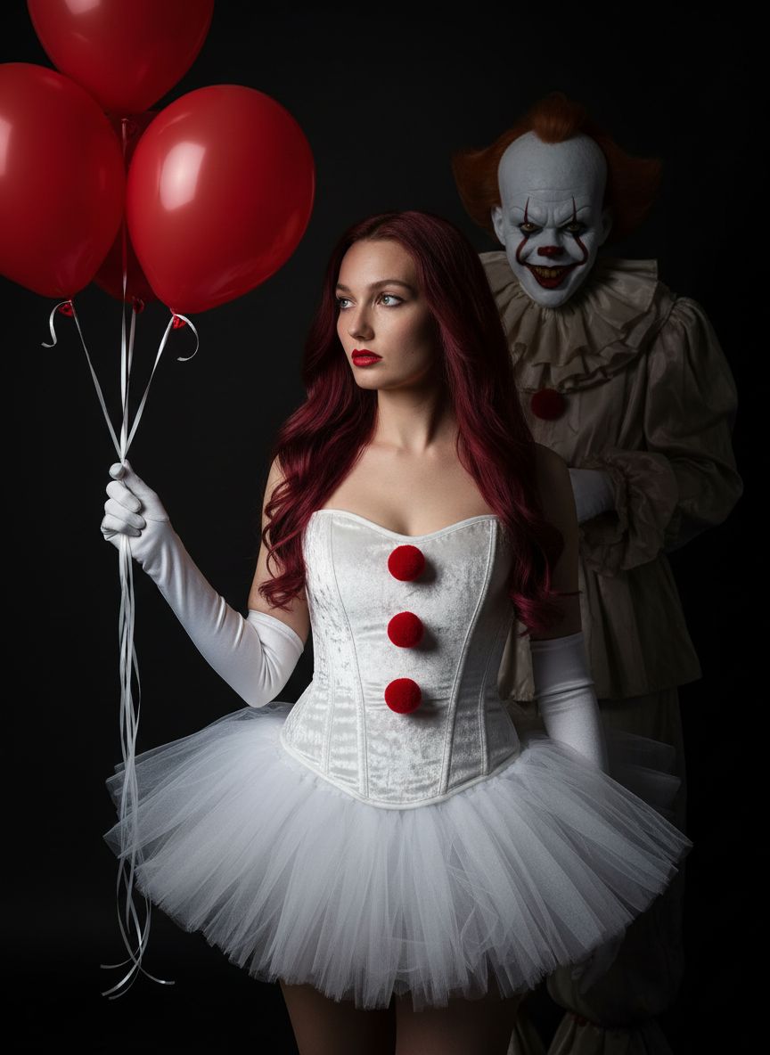 Создайте фото, не изменяя черты лица, в костюме Пеннивайза. Детали костюма и персонажа: На ней белый корсет из бархата или подобного материала, украшенный спереди красными помпонами. На ней короткая белая юбка-пачка из тюля. Среди аксессуаров — длинные белые перчатки. В правой руке она держит три красных воздушных шарика. У неё длинные волнистые волосы бордово-красного цвета, а макияж подчёркивается яркой красной помадой. Выражение её лица серьёзное, взгляд направлен в сторону. Фон и атмосфера: Фон преимущественно тёмный, создающий эффектный контраст с белым костюмом. За ней стоит клоун Пеннивайз, наблюдает. Это студийное фото с эффектным освещением, запечатлевшее популярный костюм для Хэллоуина или тематической вечеринки.