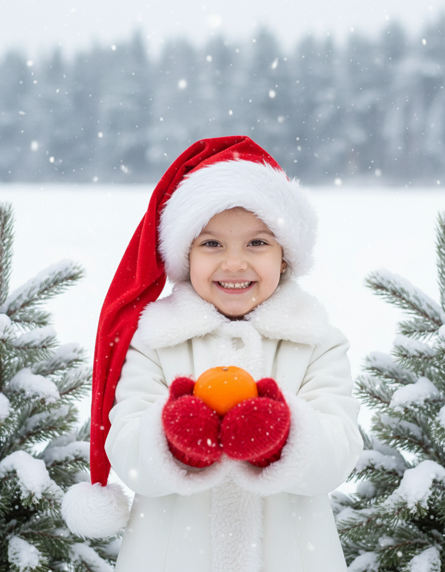 Создайте портрет улыбающегося ребенка в 8K-качестве, в длинной шапке Санты Клауса, красных варежках и белое зимнее пальто или куртка с отделкой и подкладкой из белого меха или шерпы на воротнике, манжетах и ​​спереди поверх. Ребенок протягивает в камеру мандарин. Справа и слева видны заснеженные сосновые ветки. На заднем плане — заснеженный лес. Это идиллическая и праздничная зимняя фотография с мягким падающим снегом. Bзображение передаёт нежное, игривое и немного волшебное ощущение. Сохраните черты лица человека на представленном фото.