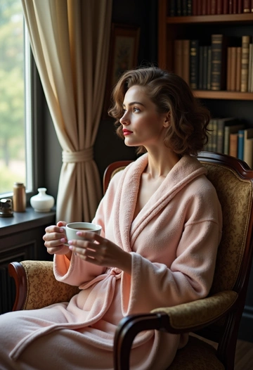 На фотографии изображена женщина в уютном винтажном халате 1940-х годов, сидящая в кресле с чашкой чая. У неё уложенные в аккуратные локоны волосы, а на губах — яркая помада. Она смотрит в окно, создавая атмосферу задумчивости. Освещение мягкое и тёплое, придающее комнате уют. Фон состоит из книжных полок и антикварных аксессуаров, что добавляет глубины и элегантности. Общая атмосфера снимка — спокойная, домашняя и уютная.
