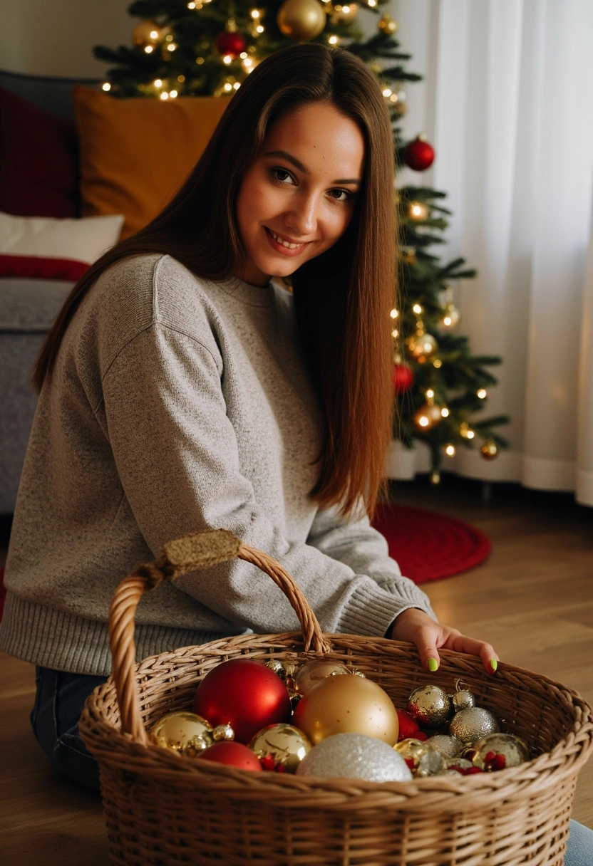 Женщина, стоящая рядом с большой корзиной, полной новогодних елочных игрушек, смотрит в камеру с восторженной улыбкой, готовясь оживить рождественскую елку.