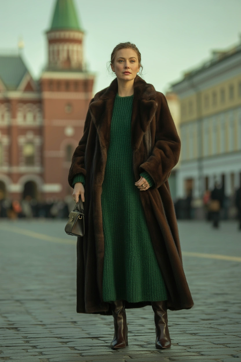 Женщина на фоне Красной площади в длинной норковой шубе насыщенного темно-коричневого цвета, под шубой элегантное изумрудное вязаное платье миди. Стоит прямо, смотрит в камеру, волосы распущены, на лице естественный макияж, образ дополняют женственные сапоги и лаконичная кожаная сумка.