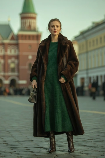 Женщина на фоне Красной площади в длинной норковой шубе насыщенного темно-коричневого цвета, под шубой элегантное изумрудное вязаное платье миди. Стоит прямо, смотрит в камеру, волосы распущены, на лице естественный макияж, образ дополняют женственные сапоги и лаконичная кожаная сумка.