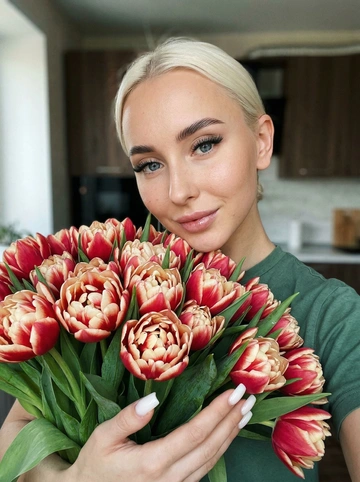 портрет молодой женщины в стиле «цветочного селфи» — модель держит перед собой огромный букет красных тюльпанов с белыми краями лепестков, частично скрывающий её тело, но оставляющий лицо открытым. Ракурс — крупный план, снятый на уровне глаз или чуть ниже, камера направлена прямо на модель, создавая эффект личного взгляда зрителя в глаза героини. Поза расслабленная, естественная: женщина слегка наклоняется к цветам, подбородок опирается на верхнюю часть букета, взгляд прямой, мягкий, с легкой улыбкой — выражение лица: спокойствие, удовлетворенность, внутренняя гармония, как будто она только что получила этот подарок и наслаждается моментом.Внешность: длинные прямые волосы,гладко зачесаны назад, часть прядей падает на плечи и спину; Глаза:Густые, длинные накладные ресницы (false lashes), создающие эффект «кошачьего глаза». Брови идеально уложены, ламинированы, имеют четкую форму и темный цвет.легкий румянец.
Светоотражающий хайлайт на щеках Губы матовые накрашены карандашом розово-коричневого оттенка.
Ногти длинные молочного цвета квадратные Букет: более 30 крупных тюльпанов сорта «Parrot» или «Double Late», с махровыми, многослойными лепестками, окрашенными в градиент от насыщенного красного у основания до кремово-белого по краям; некоторые цветы полностью раскрыты, другие — еще в бутонах, создавая объем и динамику. Зеленые стебли и листья свежие, сочные, с видимыми прожилками и естественным блеском; букет плотно собран, занимает нижнюю половину кадра, почти полностью закрывает грудь и живот модели, оставляя видимыми только лицо, шею и часть плеч. Модель одета в простую футболку или топ темно-зеленого или серого цвета, который не отвлекает внимание от цветов и лица.Фон: размытый интерьер помещения — возможно, кухня или гостиная, видны темные стены или шкафы, светлая столешница или подоконник внизу кадра; глубина резкости малая (боке), фон теряет детали, чтобы акцентировать внимание на лице модели и цветах. Освещение — естественный дневной свет, падающий слева или спереди, создает мягкие тени на правой стороне лица и тела, подчеркивает объем цветов и текстуру лепестков; видны блики на глазах, губах и глянцевых поверхностях листьев. Нет резких контрастов — свет равномерный, flattering для портрета.Обработка и стиль: фильтр «soft floral natural» — повышенная насыщенность красных и зеленых тонов, снижение холодных оттенков; легкое размытие фона (боке) для усиления глубины; добавление микрошума для эффекта пленки Kodak Portra 400; усиление контраста в области лица и цветов, чтобы выделить детали макияжа, кожи и лепестков. Цветокоррекция — сбалансированная, с акцентом на гармонию между красным, зеленым и телесным. Формат 3:4.Эмоциональный тон — радость, благодарность, женственность, ощущение момента «счастье в мелочах» — простое, но глубокое удовольствие от красоты природы и внимания.Дополнительно: добавить детали — блики на глазах и губах, отражение света в лепестках и листьях, легкие складки ткани на одежде, текстуру кожи с мельчайшими порами, едва заметную пыль в воздухе для объема. Промт: Leronitg Композиция — правило третей, лицо модели смещено вправо, букет занимает левую и нижнюю часть кадра, создавая визуальный баланс. Стиль — эстетика Instagram-фотографий 2020-х, смесь lifestyle и portrait photography, с акцентом на эмоции, натуральность и красоту повседневных моментов.
