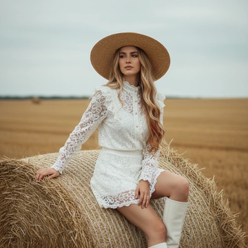 Фотография в высоком разрешении, изображающая молодую женщину, сидящую на большом цилиндрическом тюке сена, занимающем 60% высоты изображения и 40% ширины. У неё длинные волнистые волосы блондинка с легкимиauburn оттенками, доходящими до середины торса и частично скрывающими белую кружевную блузку с высоким зубчатым воротником и пуговицами, похожими на жемчуг. Женщина позирует расслабленно, с согнутой левой ногой, немного впереди, в то время как ее правая нога заправлена назад. Её левая рука нежно покоится на тюке. Она носит широкополую соломенную шляпу диаметром примерно 30 см с матовой поверхностью и белую кружевную юбку, которая повторяет текстуру её блузки, заканчивающуюся на середине бедра. Высокие белые кожаные сапоги придают стильный акцент. На заднем плане изображено золотое пшеничное поле, затухающие в мягком фокусе горизонта, с облачным серым небом выше, обеспечивающим рассеянное мягкое освещение, минимизирующее тени. Снимок выполнен с уровня глаз, с мелкой глубиной резкости, подчеркивающей субъекта на размытом фоне, демонстрируя тонкие детали текстур и легкую винтажную эстетику.