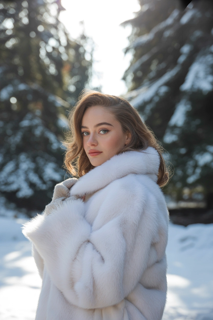 Женщина на фоне зеленых елей, в элегантной белой шубе с густым длинным мехом и выразительным крупным воротником. Она стоит в среднем плане, слегка повернувшись боком, одной рукой приподнимает край воротника, прямой взгляд в камеру, естественный макияж и распущенные волосы, стиль ретро-журнала.