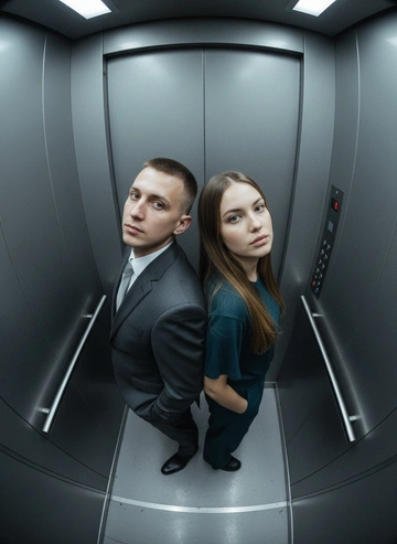 Используй предоставленные изображения и создай фото с двумя людьми в лифте с металлическими стенами. Цветовая гамма с преообладанием серых металлических оттенков. Кадр снят с максимально верхнего ракурса, люди будто заглядывают в камеру, их головы подняты наверх, взгляд в камеру. Легкий эффект fish eye. Реалистичное фото. Зернистость пленочного фото, насыщенные цвета, стиль фото y2k. Сохрани черты лица людей. Они стоят спиной друг к другу. Руки в карманах.у девушки волосы прямые . Никто не улыбается 