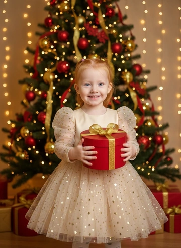 Создано с помощью сервиса Создать по своему фото и промпту

Промпт пользователя:
Не меняй черты лица и внешность девочки с фото, четко передай их девочке  2годика, снятый в рост от пояса и выше, стоящей перед богато украшенной рождественской елкой с красными и золотыми украшениями, лентами и теплыми светящимися лампочками, на фоне с сильным эффектом боке.

⦁ У нее рыжие волосы, она одета в нежное светло-бежевое праздничное платье с облегающим лифом и пышной фатиновой юбкой, украшенное маленькими золотыми и серебряными звездочками, с объемными прозрачными фатиновыми рукавами

⦁ Девочка держит обеими руками на уровне груди ярко-красную круглую подарочную коробку с блестящей золотистой лентой, поза естественная и расслабленная, настроение радостное, праздничное.

⦁ Мягкое теплое студийное освещение

#рыженькая#новыйгод #рождество #праздник #ребенок #студия #тренды #иисервис
