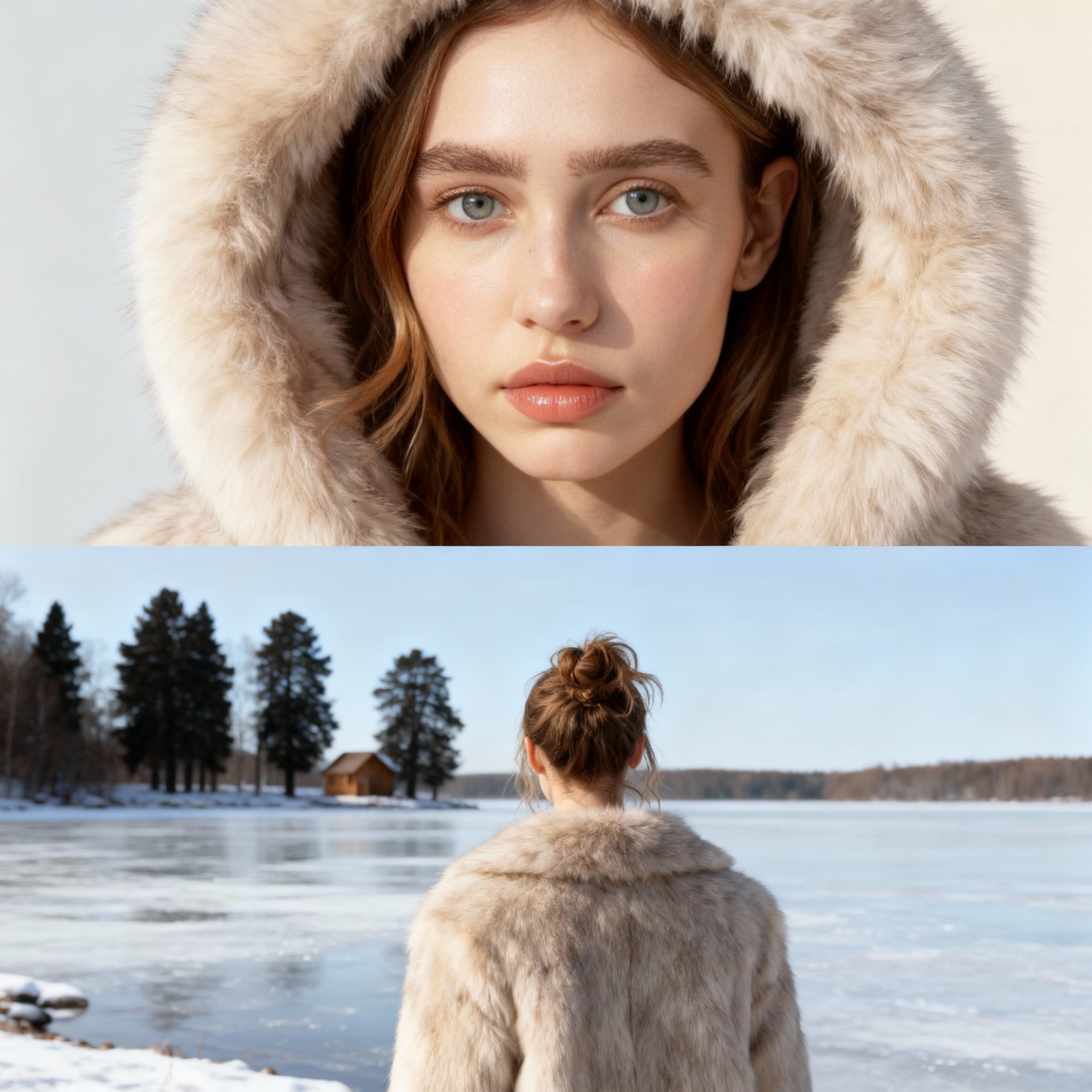 Создай коллаж не меняя черты лица. Верхний кадр (Крупный план лица в капюшоне): Детальный, крупный, чувственный портрет молодой женщины, снятый с очень близкого расстояния. Мое лицо обрамлено меховым  капюшоном светлого цвета. У меня натуральный, свежий макияж (румянец, блеск для губ). Выражение лица,спокойное, взгляд в камеру. Стиль: кинематографическое качество, глянцевая фэшн-фотография, гиперреализм, мягкое, естественное, зимнее освещение. Нижний кадр (Спиной к озеру): Я в светлой меховой шубе, стою спиной к камере. У меня собраны волосы в небрежный пучок, снизу. я стою на краю, покрытого льдом озера.на горизонте видно несколько темных деревьев и небольшой деревянный домик. Стиль: портрет по пояс, пейзажная фотография, зимний романтизм, кинематографический кадр, естественное дневное освещение. Профессиональная студийная/журнальная съемка, идеальный свет, качество 8К.