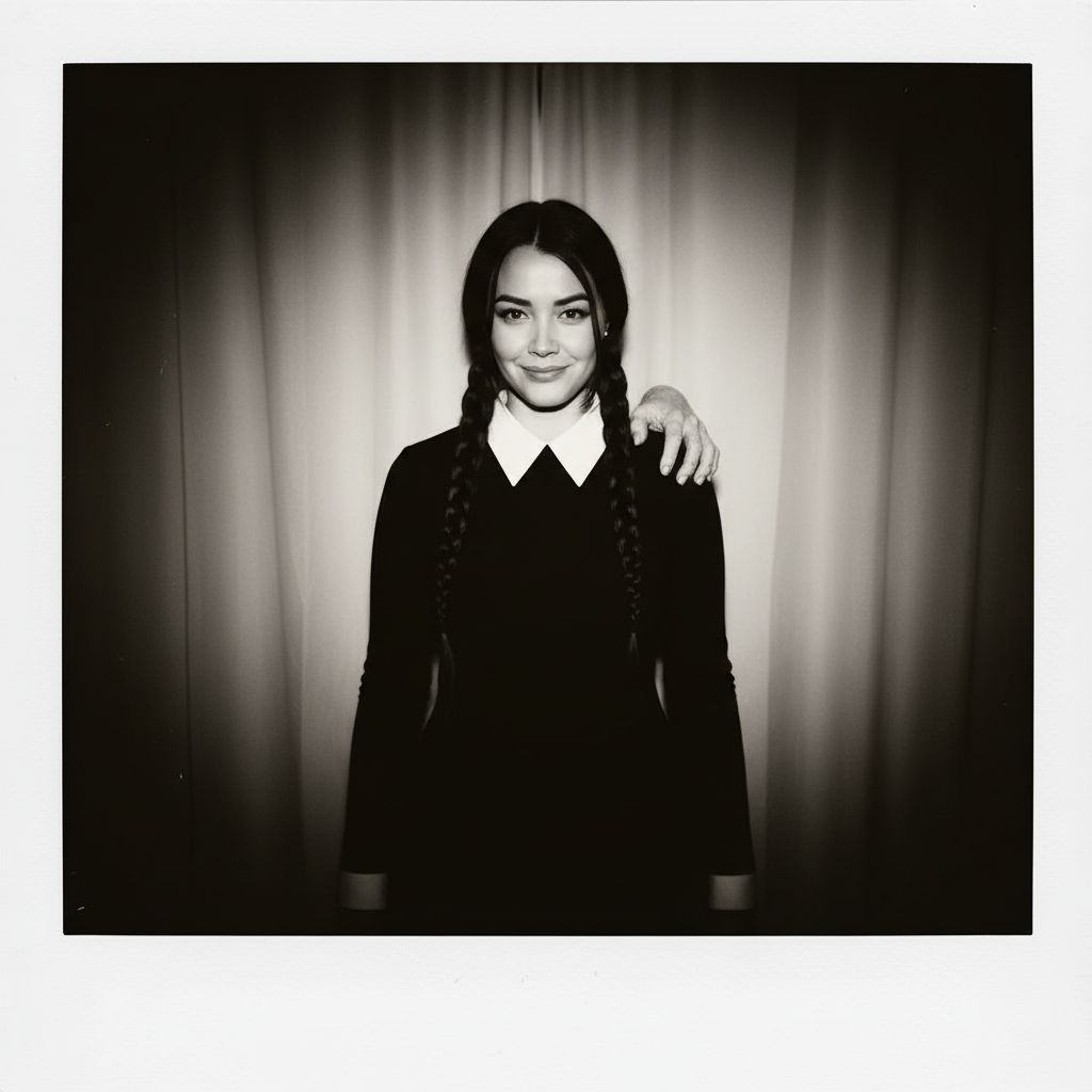 Фото в стиле полароида, слегка размытое и снятое со вспышкой в тёмной комнате. На фоне белая штора. Женщина стоит расслабленно, с милой улыбкой, в образе Уэнсдей Аддамс: чёрное платье, две косы. На плече — Рука (Thing). Сохранять настоящее лицо. Атмосфера немного жуткая, но забавная, как причудливый кадр с юмором.