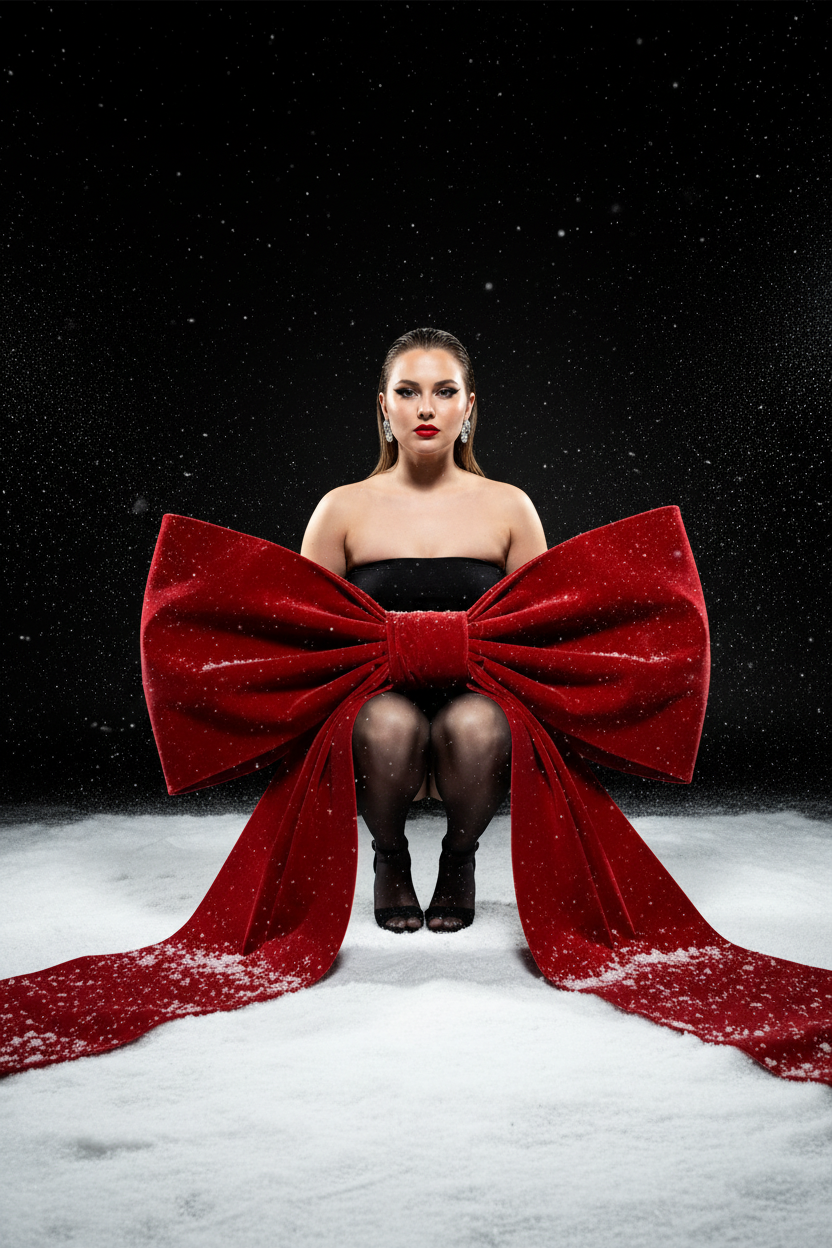 Создай изображение не меняя черты лица. Студийный портрет в стиле рождественской/новогодней модной кампании. Я в элегантной, присевшей позе, взгляд сфокусирован прямо в камеру. Огромный, гипертрофированно большой, роскошный бант из красного бархата, который обернут вокруг тела модели как кутюрный элемент одежды  с очень длинными, широкими ниспадающими концами, которые тянутся по полу. Бант и белый пол покрыты имитацией снега. Минималистичный черный топ без бретелей (bandeau) ,темные, полупрозрачные колготки, черные босоножки с открытым носом, на среднем каблуке. Гладко зачесанные назад волосы. Классический, выразительный макияж: яркая алая помада, четкие черные стрелки, хайлайтер. В ушах крупные, блестящие серьги-гвоздики.

Драматичное, контрастное студийное освещение (split lighting). Ярко освещенный белый пол/поверхность. Фон — глубокий черный, с эффектом динамично падающего яркого снега (snow dust effect).Фотография в высоком разрешении, гиперреализм, кинематографическое качество, профессиональный editorial-снимок для обложки Vogue, снято на камеру Hasselblad.