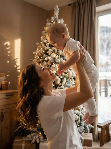  Мать, предположительно европейской внешности, держит своего младенца, который выглядит как ребенок 1 год, европейского происхождения, вверху, в теплой комнате. Сохрани лицо и черты лица с оригинальных фото на 100%. Мать около 30 лет, с волнистыми каштановыми волосами, смотрит вверх с улыбкой, ее руки вытянуты, держа младенца. Она одета в белую футболку. Ребёнок одет в белую футболку и белые брюки, и смотрит вниз. Мягкое освещение, исходящее от заснеженной рождественской елки с гирляндами, добавляет теплую атмосферу. За окном видна часть пейзажа, скрытого шторами. Обстановка создает уютное и семейное настроение. Камера расположена немного снизу, взгляд направлен вверх, что усиливает ощущение радости и заботы. Цветовая палитра теплая, преобладают коричневые и бежевые оттенки. Общая атмосфера – домашний уют и радость материнства.