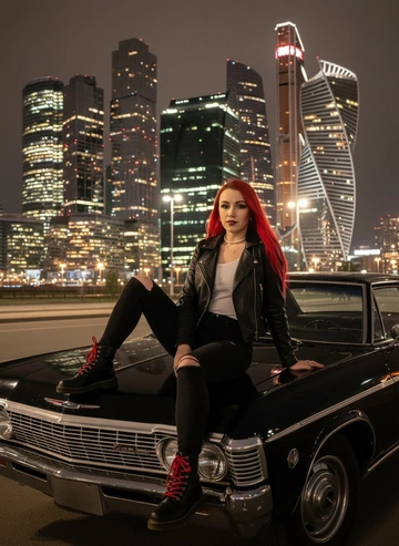 создай фото женщины, максимально сохранить черты лица и цвет волос, женщина сидит на капоте автомобиля черного цвета Chevrolet Impala 1967 года, слегка откинувшись назад. слегка взъерошенные волосы. Женщина одета в кожанную расстегнутую косуху, под курткой белая майка, чёрные джинсовые брюки с дырками на коленях, на ногах обувь Grinders Bulldog с красными шнурками, На заднем плане изображена Москва-Сити, сияющая теплыми золотистыми огнями ночного города. Улица залита мягким городским светом, создающим гламурную и кинематографическую атмосферу. Поза женщины уверенная и в то же время игривая. Освещение должно подчеркивать её силуэт, а отражения окружающих огней на стекле автомобиля должны создавать элегантную атмосферу.
