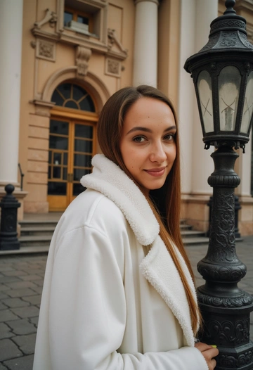 Женщина в белом пальто с меховой отделкой стоит возле исторического фонаря с металлическими узорами. Позади виден фасад здания в стиле классицизма с барельефами и высокими окнами. Она смотрит прямо в камеру с лёгкой улыбкой. Освещение тёплое, акцент на деталях фона.