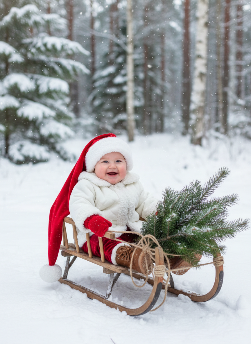 Создайте фотографию счастливого улыбающегося ребенка в 8K-качестве, в длинной шапке Санты, доходящая до бёдер, красных варежках и  и белое зимнее пальто или куртка с отделкой и подкладкой из белого меха или шерпы на воротнике, манжетах и ​​спереди поверх красных бархатных брюк. Коричневые ботинки из замши со шнурками. Ребенок сидит на санках. К санкам на веревке привязана свежесрубленная сосна (ель). На заднем плане — заснеженный лес. Это идиллическая и праздничная зимняя фотография с мягким падающим снегом. Сохраните черты лица человека на представленном фото.