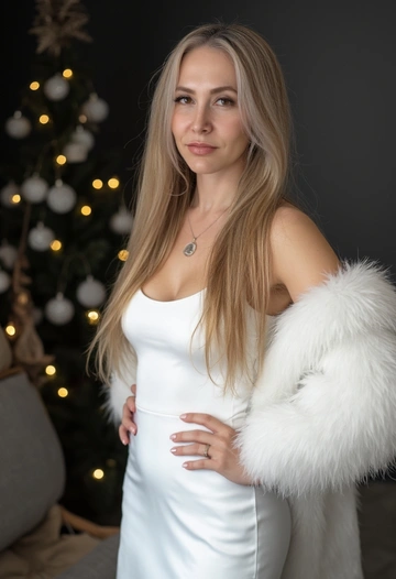 Праздничная студийная фотосессия. Женщина одета в белое вечернее платье на тонких бретелях, с белой пушистой накидкой из перьев. Фон — градиент от черного к тёмно-серому, мягкий тёплый направленный свет сбоку, лёгкие светлые частицы в воздухе создают эффект падающего снега. Позади стоит минималистичная рождественская ель, украшенной только гирляндой тёплого света. Атмосфера — элегантная, глянцевая, как для зимней рекламной кампании или обложки журнала. Реалистичный стиль, чистая кожа, аккуратный макияж, акцент на блеске украшений и фактуре перьев. Волосы длинные, блестящие и густые. Полный рост. Женщина стоит по центру кадра, в прямом белом платье в пол, накидка из перьев красиво обрамляет плечи. Руки на талии, поза уверенная. Тёмный фон, направленный свет сверху-слева, вокруг лёгкий снег.