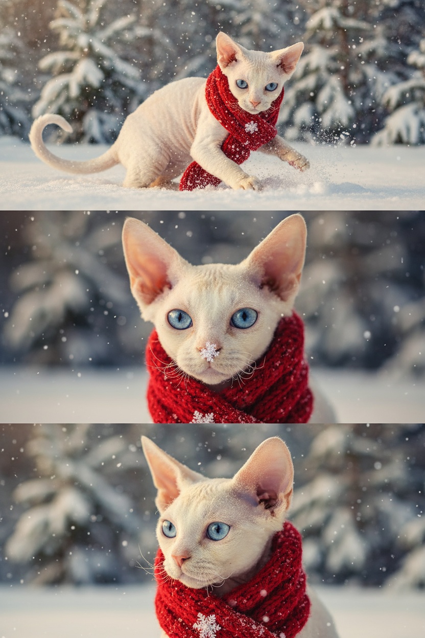     Коллаж из 3-Х фото моего питомца на зимнем фоне в снегу. Питомец в вязаном шарфе, вокруг падает снег, на заднем плане заснеженный лес.

Первый кадр — питомец в полный рост. Он играется со снегом 

Второй кадр — крупный план, увеличенный кадр мордочки питомца с одной снежинкой на носике. Мордочка питомца занимает весь кадр, взгляд прямо в камеру 
 
Третий кадр - портрет питомца, он смотрит в левую сторону. На фото виден шарф, на шарфу есть снежинки 

Три кадра объединены в вертикальный коллаж в едином тоне и свете. Атмосфера — реалистичная, теплая и немного кинематографичная.
Свет мягкий, утренний.  Цвет шарфа - красный 