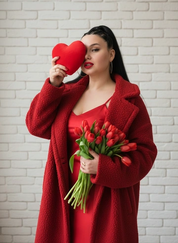 Создано с помощью сервиса Создать по своему фото и промпту

Промпт пользователя:
Ultra high-resolution professional fashion photograph of a woman holding a large red heart-shaped object covering one eye while clutching a bouquet of red tulips, take the attached photo as a basis and preserve all facial features as much as possible, maintaining exact facial features from reference, soft natural side light from left casting gentle shadows, three-quarter portrait with slight upward angle, elegant thin-strap red slip dress under open oversized textured red coat, confident playful gaze with bold red lips, romantic mood, warm red-green palette on white brick wall, magazine editorial beauty shot, shallow depth of field sharp face focus, 8K ultra-detailed professional photography.

#брюнетка #праздник #женщина #студия #макияж #платье #тренды #иисервис