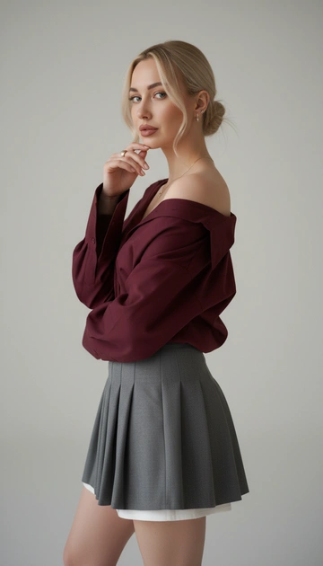 Не меняя внешности и черты лица., четко по фото.  Девушка снята в профиль по бёдра , поза немного повернута влево: корпус прямой, одна рука согнута у лица, локоть приподнят, плечо обнажено. На ней свободная бордовая (цвет глубокий бордовый) рубашка большого размера с длинными объёмными рукавами и широкими манжетами; рубашка заправлена в пояс юбки так, что одна сторона воротника сдвинута и плечо открытo, создавая небрежно-элегантный эффект. Юбка короткая, плиссированная, трапециевидного кроя серого оттенка; по низу видна белая подкладка, который немного выглядывает. Кожа  светлого тона, как на фото, силуэт подчёркнут талией и расклешённой юбкой.
Волосы собраны в низкий небрежный пучок или хвост с несколькими выбившимися прядями; видна золотистая  шейная  цепочка, а также небольшие 3 серьги и крупное кольцо на пальце...

#блондинка #женщина #студия #макияж #тренды #иисервис