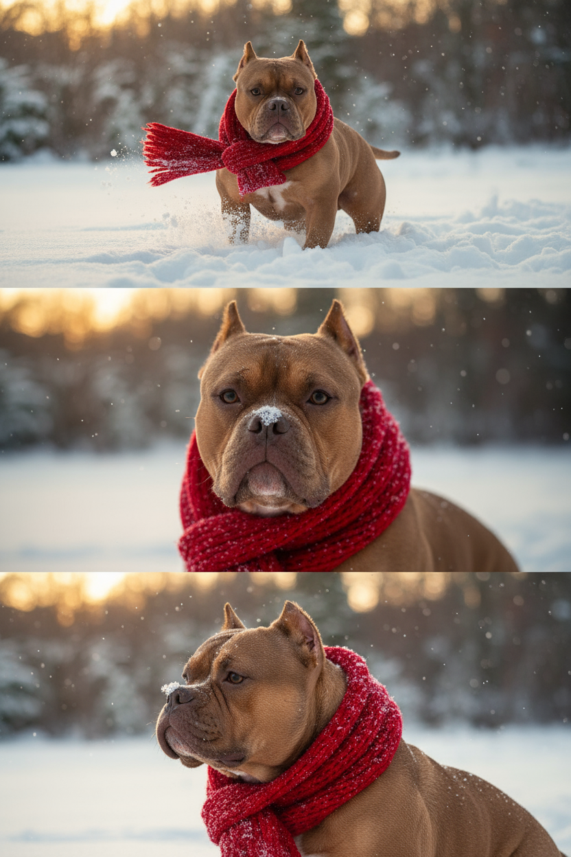     Коллаж из 3-Х фото моего питомца на зимнем фоне в снегу. Питомец в вязаном шарфе, вокруг падает снег, на заднем плане заснеженный лес.

Первый кадр — питомец в полный рост. Он играется со снегом 

Второй кадр — крупный план, увеличенный кадр мордочки питомца с одной снежинкой на носике. Мордочка питомца занимает весь кадр, взгляд прямо в камеру 
 
Третий кадр - портрет питомца, он смотрит в левую сторону. На фото виден шарф, на шарфу есть снежинки 

Три кадра объединены в вертикальный коллаж в едином тоне и свете. Атмосфера — реалистичная, теплая и немного кинематографичная.
Свет мягкий, утренний.  Цвет шарфа - красный 