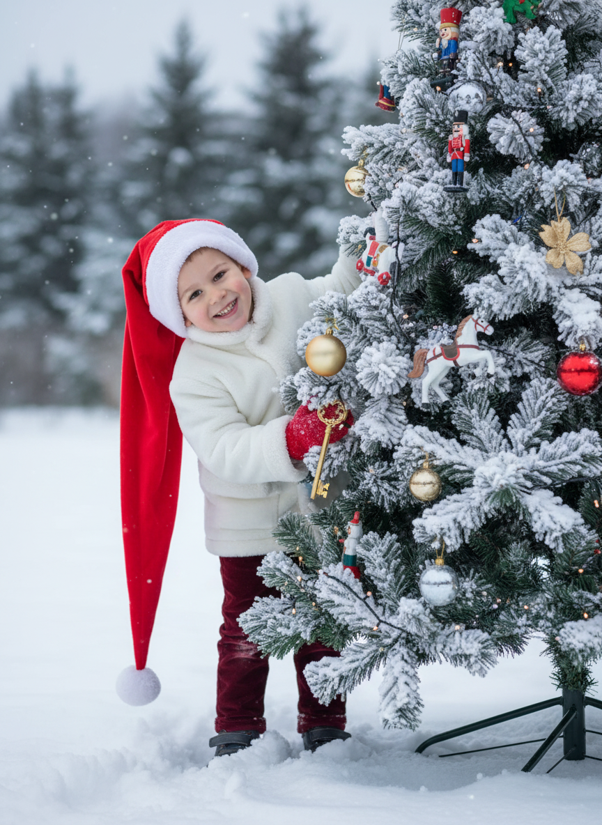 Создайте фотографию ребёнка с озорной улыбкой, выглядывающего из-за заснеженной ёлки ​​в зимнем пейзаже. Ребёнок стоит слегка наклонившись вперёд. Он обнимает или придерживает одну из заснеженных веток новогодней ёлки, выглядывая из-за неё. Голова немного наклонена, лицо повернуто в сторону камеры. Одна рука опирается на ветку, другая частично скрыта за ёлкой. Ноги стоят прямо, большая часть ног скрыта за нижними ветками елки, тело расслаблено. На елки игрушечные лошадки, оловянные солдатики, щелкунчик, золотой ключик из сказки 'Буратино', гирлянда и новогодние шары. На ребенке длинная, непропорционально большая красная шапка в стиле Санта-Клауса, доходящая до бёдер, и белое зимнее пальто или куртка с отделкой и подкладкой из белого меха или шерпы на воротнике, манжетах и ​​спереди. На нём тёмно-красные/бордовые бархатные или тёплые тканевые брюки и красные варежки.  На земле лежит свежий, нетронутый снег, а размытые деревья (ели) на заднем плане создают мягкую глубину.  Рассеянное освещение навевает мысли о пасмурном зимнем дне, а общий тон изображения создаёт волшебную и игривую атмосферу. Сохраните черты лица человека на представленной фотографии такими, какие они есть.
