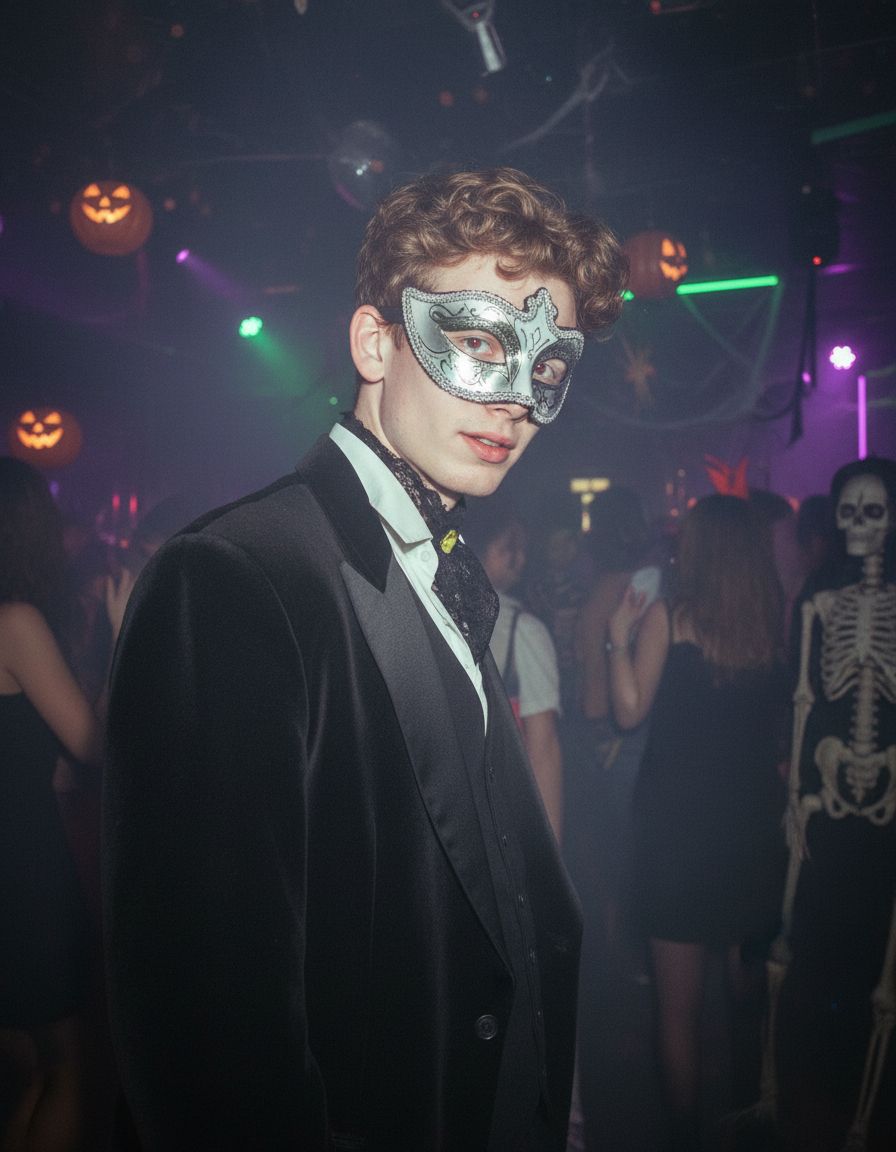 Мужской портрет в стиле ретро-вечеринки Хэллоуина 90-х. Мужчина оглядывается через плечо, снимок сделан со вспышкой. На нём чёрный костюм в стиле маскарада. Атмосфера непринуждённая, но с элементами хоррора и клубной эстетики.