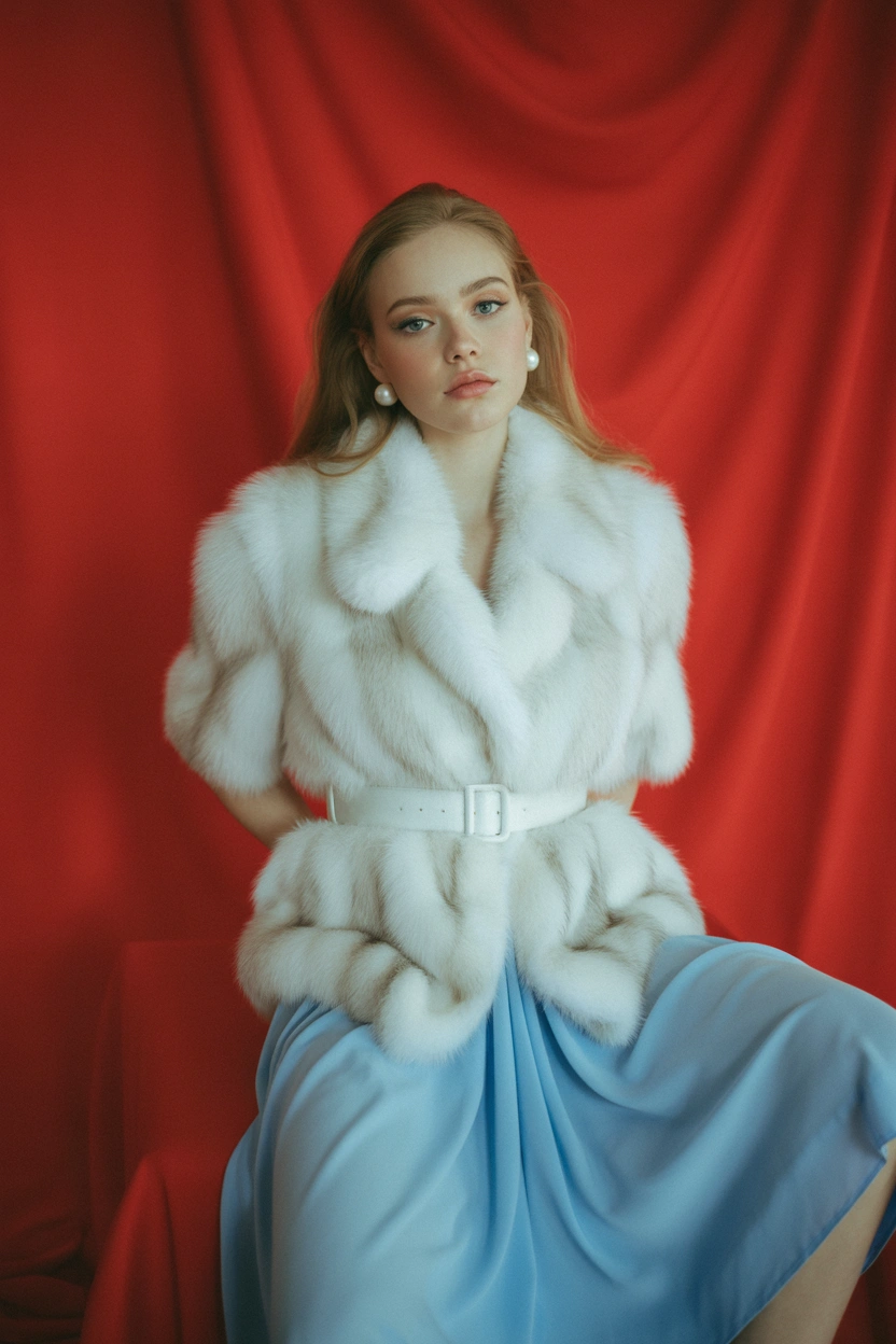 Женщина в студии на красном фоне в ярко-белой норковой шубе с широким поясом, под шубой струящееся светло-голубое платье миди с мягкими складками. Стоит в изящной позе, смотрит прямо в камеру, волосы распущены, на лице естественный макияж. Образ дополняют жемчужные серьги.