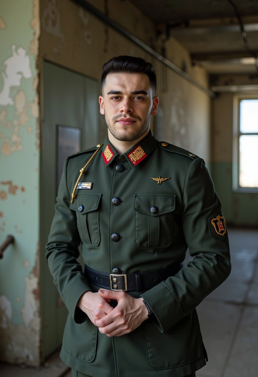Мужчина в советской военной форме стоит на фоне старого завода, смотрит прямо в камеру, вокруг облезшие стены