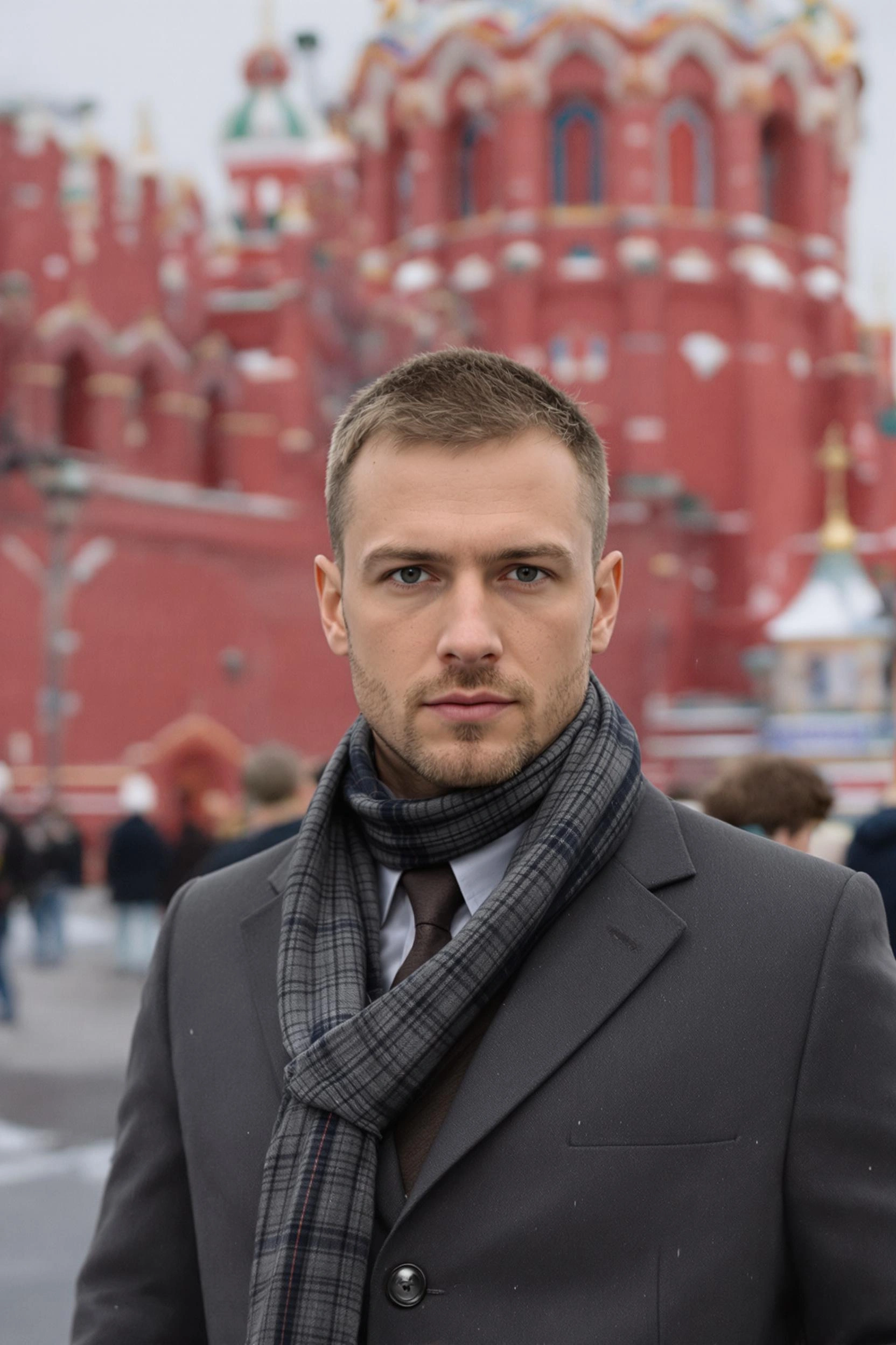 Мужчина в классическом костюме и шарфе стоит на Красной площади на фоне Спасской башни, средний план, смотрит прямо в камеру, за спиной красные стены Кремля и суета зимнего вечера, атмосфера праздника и истории.