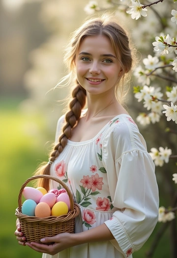 Женщина с заплетённой косой в пастельном платье стоит в цветущем поле, её руки держат плетёную корзину с куличами и яркими крашеными яйцами. Она смотрит в камеру с мягкой улыбкой, а позади размытый фон весенней природы. Крупный план, передающий чистоту и свет праздника.