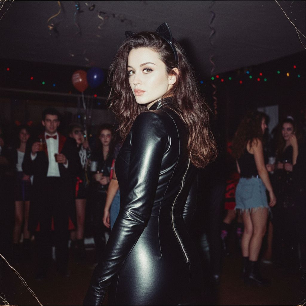 Сфотографируй меня в непринуждённом стиле на вечеринке в честь Хэллоуина. Я оглядываюсь через плечо на вечеринке в честь Хэллоуина в 1994 году. На заднем плане слабое освещение, но снимок сделан со вспышкой. Мой костюм - кожаный облегающий черный костюм женщины кошки, на голове ободок с кошачьими ушками. Черты лица точно такие же. Серьёзное выражение лица.