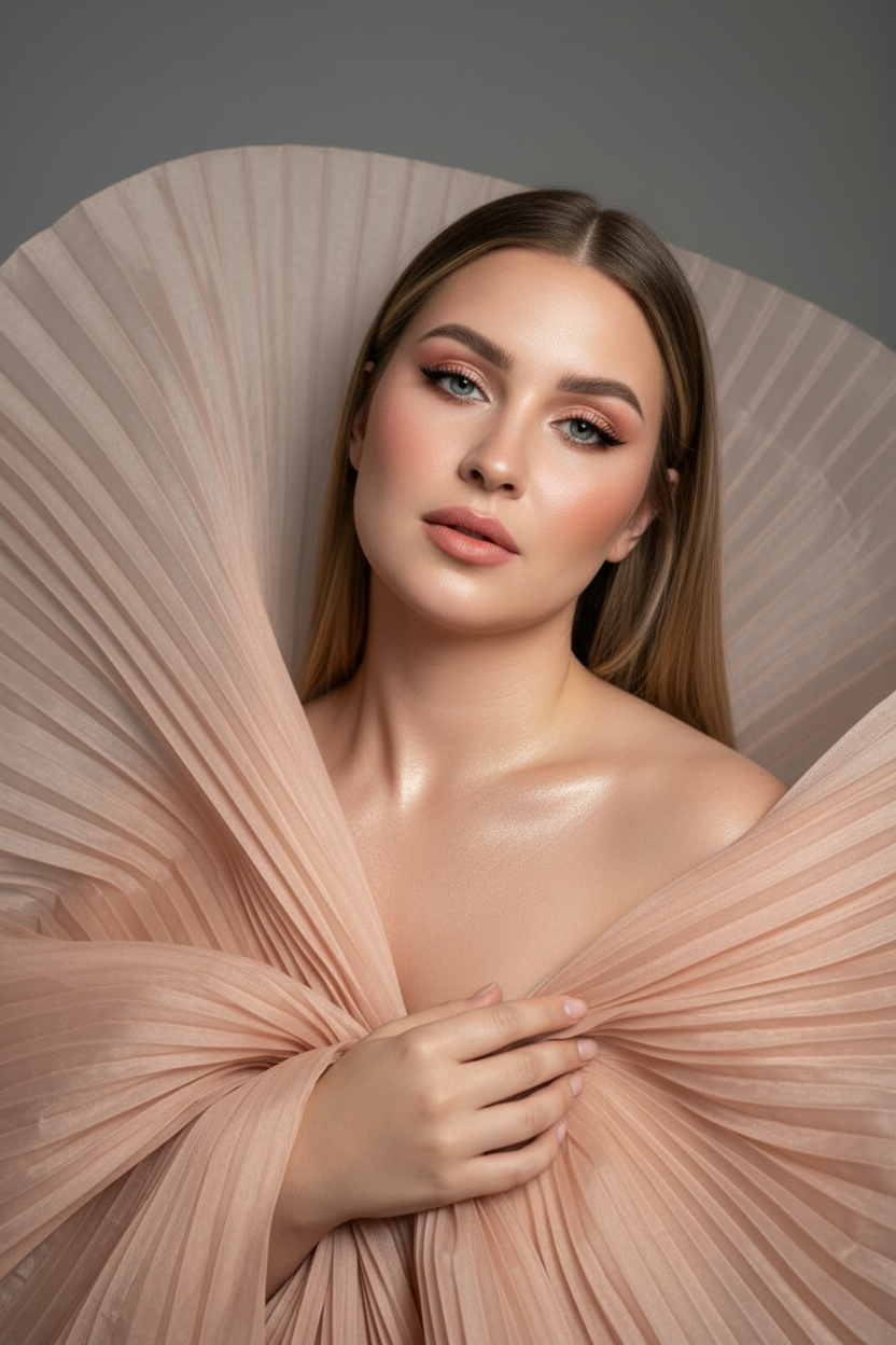    Создайте гиперреалистичный профессиональный студийный портрет женщины с волосами, уложенными на ровный пробор посередине, которые каскадом ниспадают на левое плечо (справа от зрителя) и частично скрыты за правым плечом (слева от зрителя). Камера снимается с немного низкого уровня глаз, глядя прямо на модель, охватывая ее от середины груди и выше. Голова слегка наклонена, взгляд прямой и притягательный.
Ее кожа безупречно гладкая и интенсивно сияет, словно подсвеченная мощным, сфокусированным источником света, подчеркивая мельчайшие поры и естественную текстуру кожи с сияющим, почти воздушным свечением, особенно в области декольте, плеч и верхних линий лица.

Её макияж тщательно проработан:
Глаза: чётко очерченные, ухоженные брови с заметными волосками, мягкие тени тёплых тонов (персиково-розовые и светло-коричневые) с лёгким мерцанием, чёткая чёрная подводка для глаз, создающая нежный кошачий взгляд, и идеально распущенные, объёмные ресницы, подчеркивающие каждую ресничку, с лёгким акцентом на нижних ресницах. Во внутреннем уголке глаза выделяется яркий блик. Радужки глаз отражают рассеянный студийный свет с изысканными узорами.
Щёки: лёгкий, растушёванный румянец натурального розового или персикового оттенка, изящно очерченные скулы и интенсивный, почти влажный блик на выступающих частях лица (скулы, переносица, дуга Купидона), создающий эффект увлажненности и сияния. Губы: губы нежного, естественного кораллово-розового или розово-персикового цвета с мягким атласным финишем, подчеркивающим тонкие естественные линии и текстуру губ, с лёгким бликом на дуге Купидона.

Она изящно одета в объёмную, струящуюся ткань с изящной плиссировкой, напоминающую прозрачный атлас или шёлк. Плиссированная ткань эффектно обрамляет фигуру, создавая объёмную, почти органичную форму, которая высоко поднимается за головой и огибает левое плечо (правое для зрителя), изящно струясь по груди и открывая обнажённые плечи. Материал обладает лёгким, сияющим блеском и мягкой полупрозрачностью, улавливая и отражая студийный свет, подчёркивая его роскошную текстуру и плавные движения. Складки очень детализированы, создавая глубокие тени и яркие блики, которые подчёркивают волнистую форму, а некоторые участки ткани также демонстрируют повышенную светоотражающую способность. Её правая рука (левая для зрителя) нежно касается ткани у груди, на ней видны ухоженные ногти. Освещение выполнено по принципу софтбокса, но с более сильным, концентрированным основным светом для создания интенсивного свечения, сохраняя при этом мягкие тени, которые подчёркивают черты её лица и изгибы плеч без резкости. Фон — гладкий, однотонный средне-серый, обеспечивающий чистый контраст и полностью фокусирующийся на модели. Общее впечатление — утончённая элегантность, изящество и гиперреалистичная детализация, передающая каждый нюанс её красоты, выражения лица и сложную текстуру её волос, кожи и одежды. Черты лица и особенности её внешности должны быть точно воспроизведены с референсной фотографии. Плиссированная ткань нежного, приглушённого персикового или пыльно-розового цвета