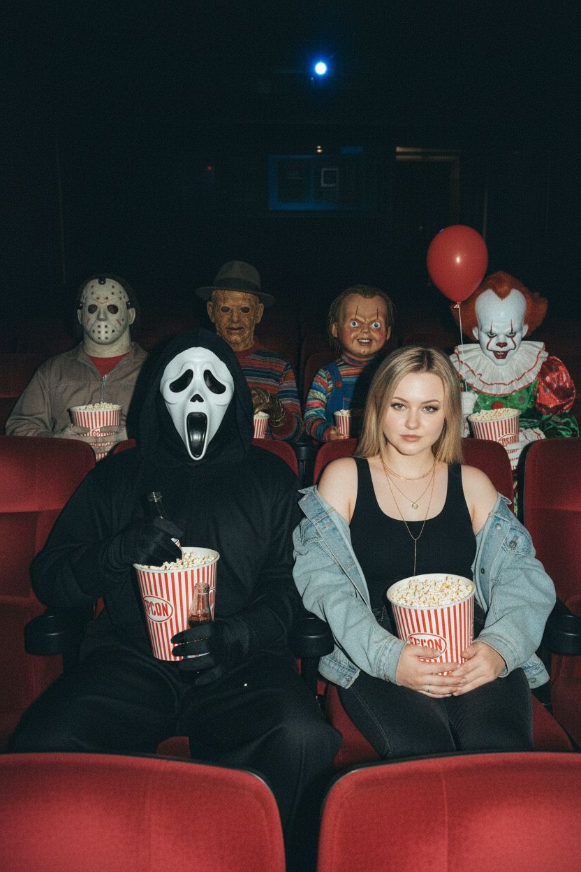 Создайте фотографию меня и Ghostface, сидящих рядом друг с другом и пьющих попкорн. Майкл Майерс, Фредди Крюгер и Чаки сидят в одном ряду позади нас, а Джейсон и Пеннивайз сидят в двух рядах позади нас в кинотеатре и едят попкорн. На ней изящные золотые украшения, включая изящные золотые ожерелья. На мне чёрная майка, свободная джинсовая куртка, свисающая с плеча, и чёрные джинсы. Её макияж простой, но гламурный: коричневый блеск для губ и коричневый карандаш для губ. Фотография должна быть в стиле 90-х с зернистым эффектом. Моё лицо должно быть точно таким же.