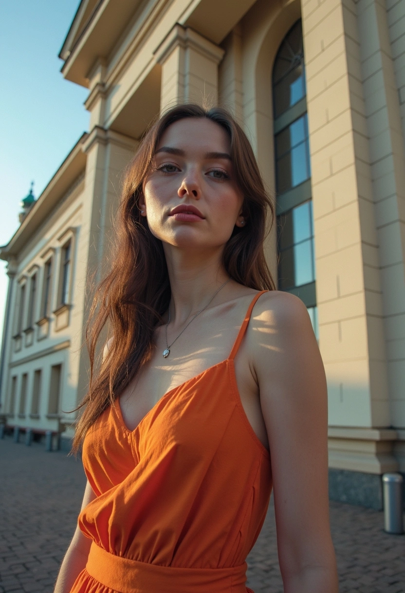 Женщина стоит на фоне здания Новосибирского академического молодёжного театра «Глобус», облаченная в стильное платье, подчеркивающее её фигуру. Днем, при естественном освещении, солнечные лучи касаются её лица, создавая мягкий свет и выделяя яркие детали платья. Архитектура театра с характерными элементами фассадов и большими окнами обрамляет её силуэт. Крупный план, фокус на лице и платье, создающий ощущение гармонии с окружающей средой.