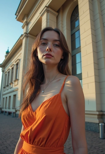 Женщина стоит на фоне здания Новосибирского академического молодёжного театра «Глобус», облаченная в стильное платье, подчеркивающее её фигуру. Днем, при естественном освещении, солнечные лучи касаются её лица, создавая мягкий свет и выделяя яркие детали платья. Архитектура театра с характерными элементами фассадов и большими окнами обрамляет её силуэт. Крупный план, фокус на лице и платье, создающий ощущение гармонии с окружающей средой.
