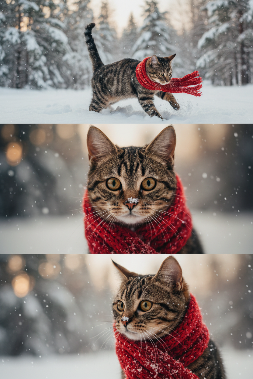     Коллаж из 3-Х фото моего питомца на зимнем фоне в снегу. Питомец в вязаном шарфе, вокруг падает снег, на заднем плане заснеженный лес.

Первый кадр — питомец в полный рост. Он играется со снегом 

Второй кадр — крупный план, увеличенный кадр мордочки питомца с одной снежинкой на носике. Мордочка питомца занимает весь кадр, взгляд прямо в камеру 
 
Третий кадр - портрет питомца, он смотрит в левую сторону. На фото виден шарф, на шарфу есть снежинки 

Три кадра объединены в вертикальный коллаж в едином тоне и свете. Атмосфера — реалистичная, теплая и немного кинематографичная.
Свет мягкий, утренний.  Цвет шарфа - красный 