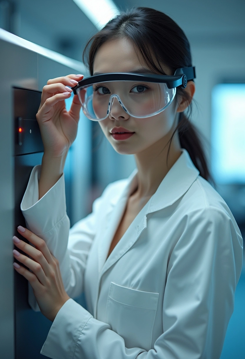 Ақ халаттағы косметолог лазерлік аппараттың жанында тұр, қорғаныс көзілдірігін ұстап, тура камераға қарап тұр.