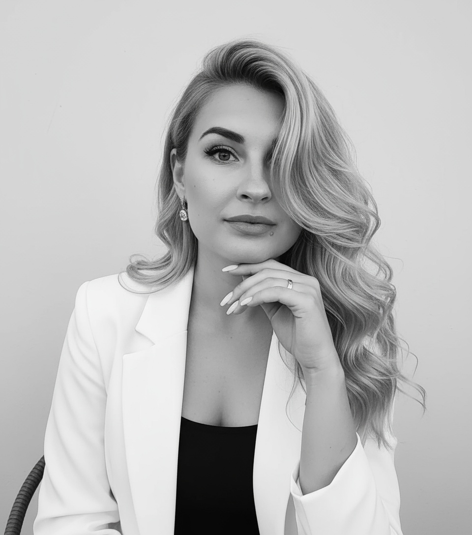   На фотографии в черно-белых тонах изображена женщина. У нее длинные светлые волосы, уложенные крупными волнами, которые частично закрывают одну сторону ее лица. На ней надет белый пиджак с широкими лацканами, под которым черная майка. В правом ухе женщины видна серьга.У женщины выразительные брови Кожа выглядит гладкой и ухоженной. Фон однотонный, светлый.
