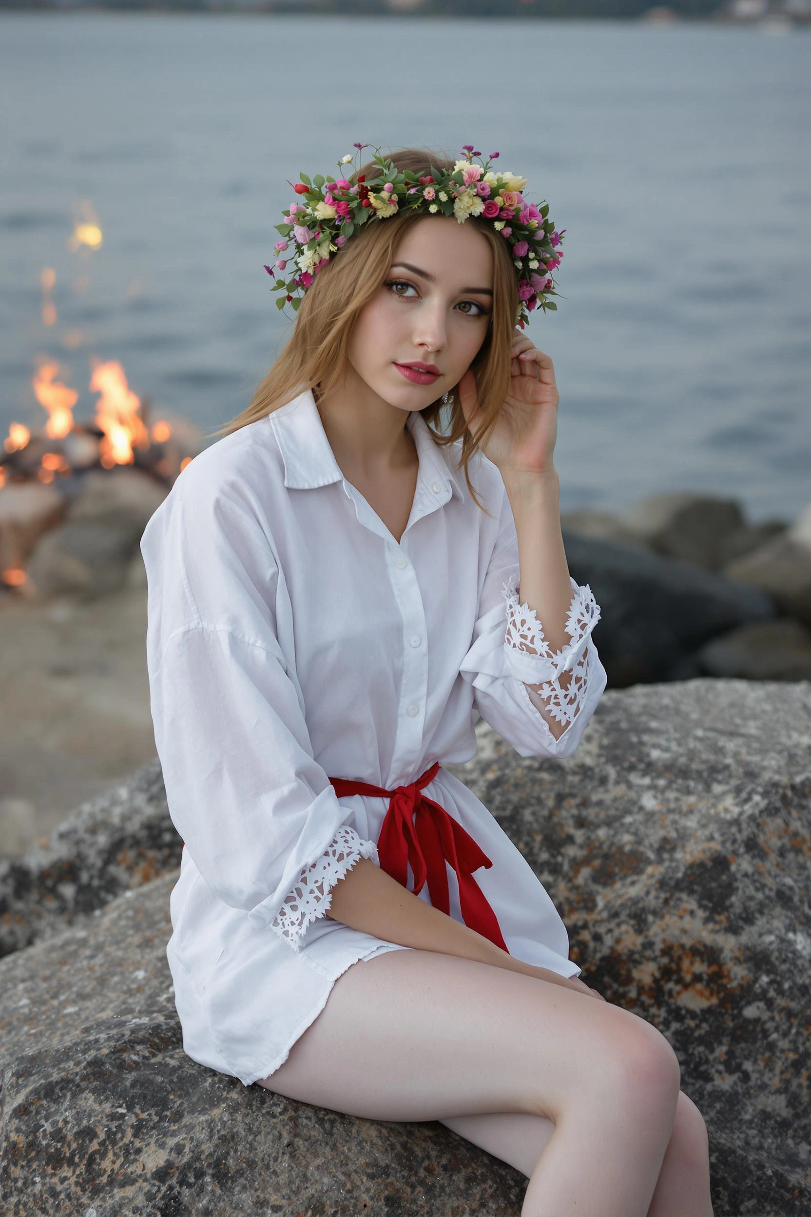 Молодая женщина сидит на большом камне у воды, одета в свободную белую хлопковую рубаху с ажурными манжетами и вышитым красным поясом. Венок из душистых полевых цветов оплетает её волосы. Она смотрит прямо в камеру, одна рука поддерживает венок, поза спокойная и задумчивая. За ней на другом берегу мерцает костёр.