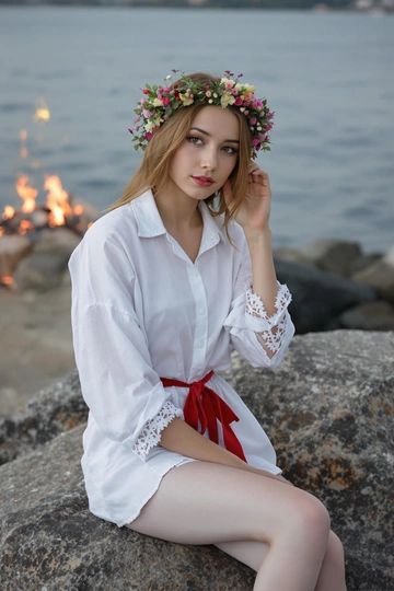 Молодая женщина сидит на большом камне у воды, одета в свободную белую хлопковую рубаху с ажурными манжетами и вышитым красным поясом. Венок из душистых полевых цветов оплетает её волосы. Она смотрит прямо в камеру, одна рука поддерживает венок, поза спокойная и задумчивая. За ней на другом берегу мерцает костёр.